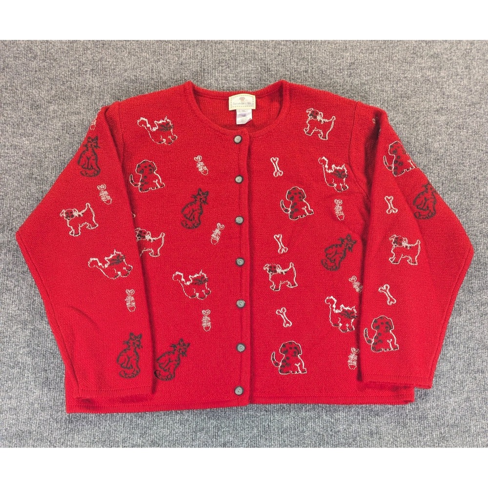 Susan Bristol Vintage 1999 Red Wool Cardigan Sweater Embroidered Cats Dogs XL